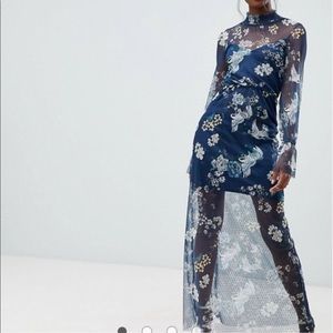 ASOS Printed Mesh Maxi Dress With Shirred Neck NEW